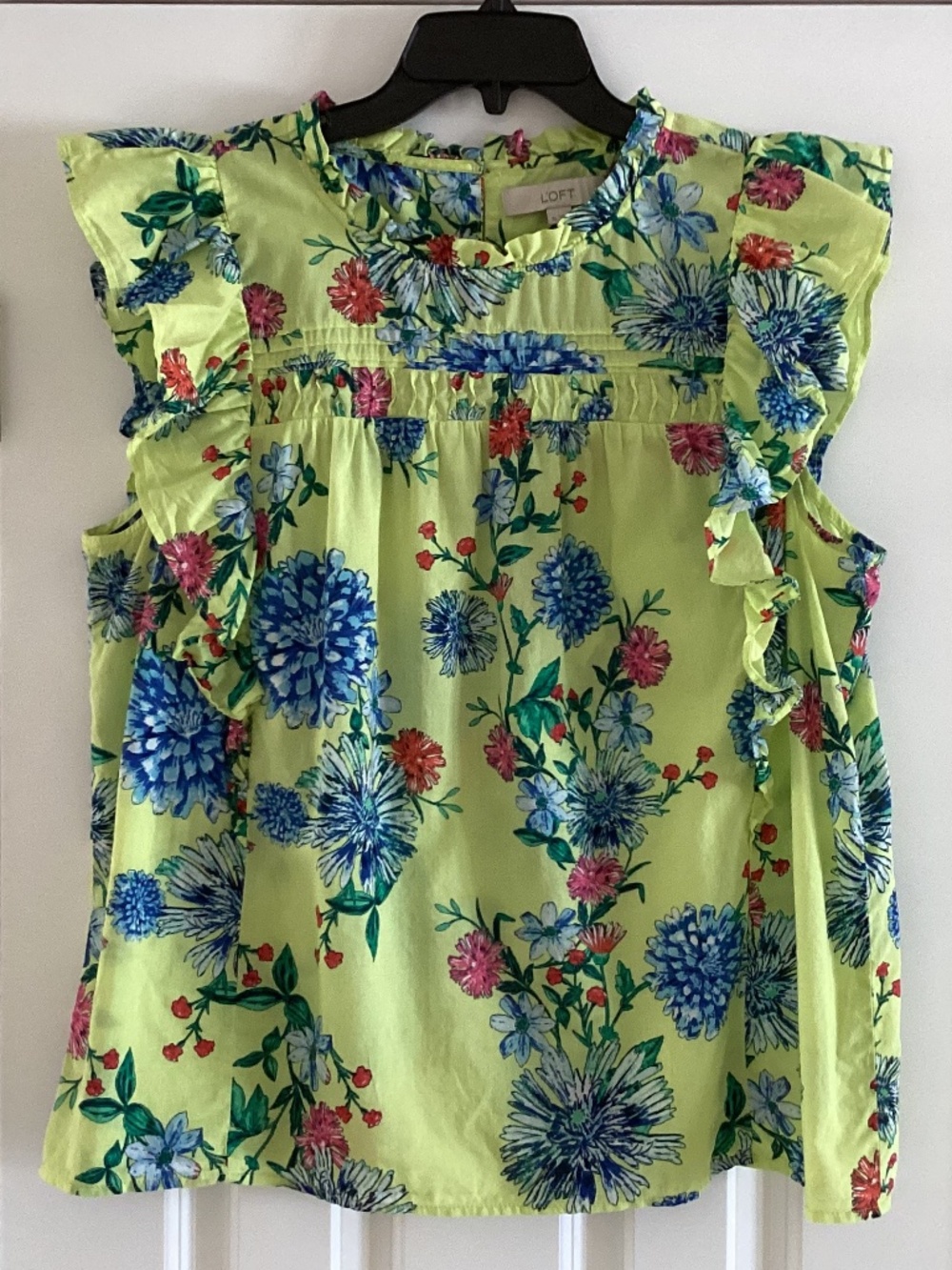 Loft Lime Green Floral Cotton Voile Frill Sleeveless Top Blouse Ruffled